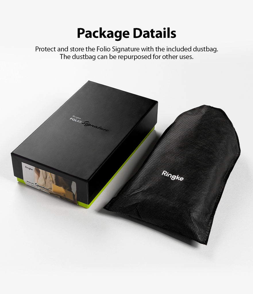 package details including a dust bag