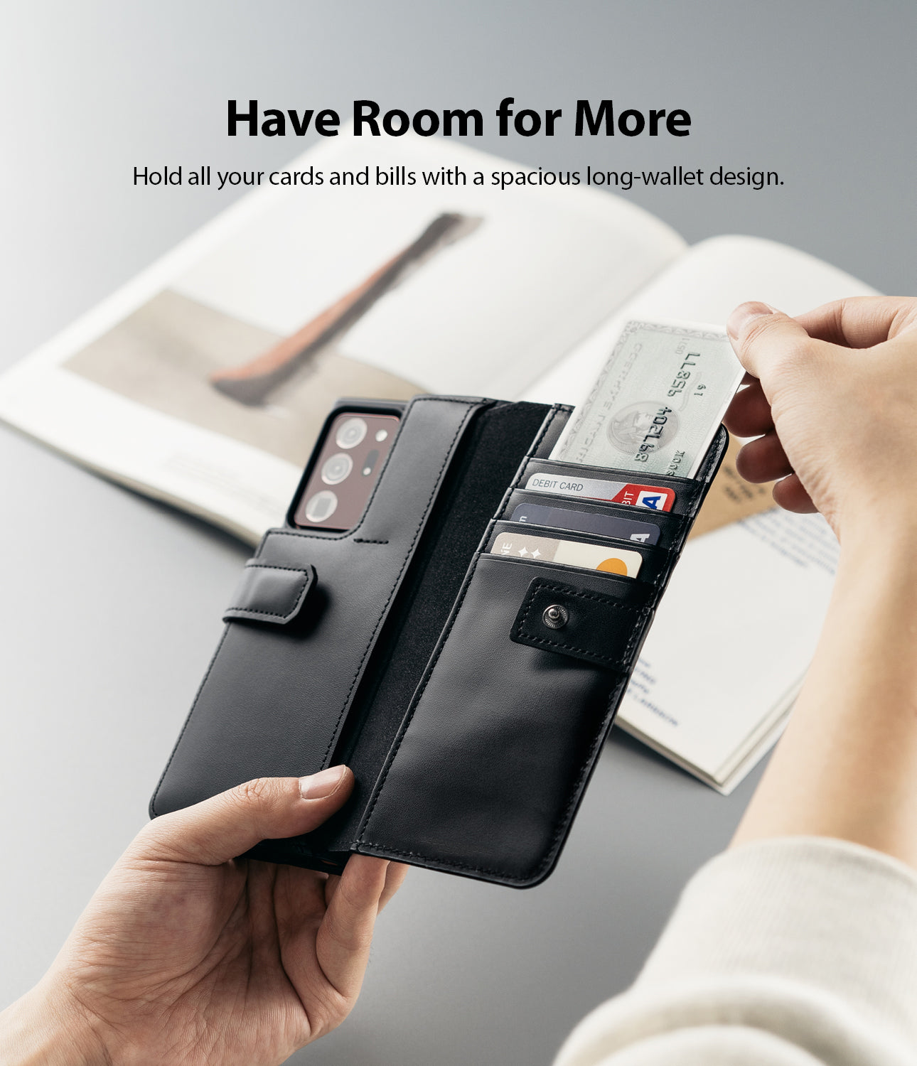 hold all your cards and bills with a spacious long-wallet design