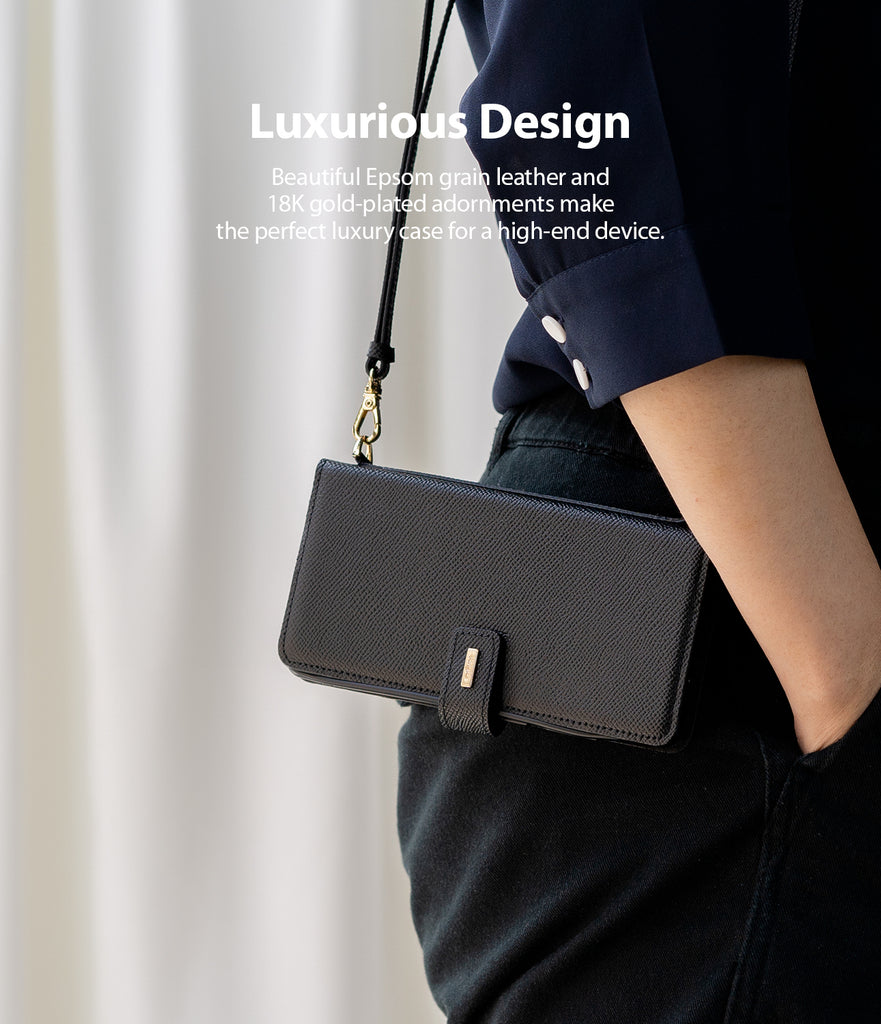 beautiful epsom grain leather and 18k gold-plated adornments make the perfect luxury case for a high-end device