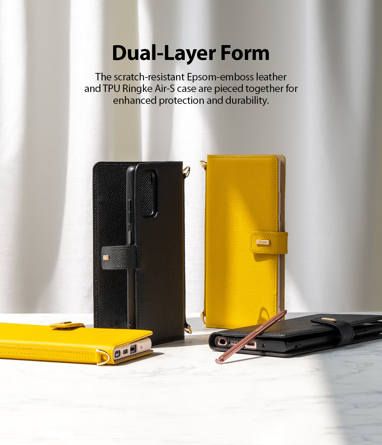 dual-layer form - the scratch-resistant Epsom-emboss leather and TPU ringek Air-S case are pieced together for enhanced protection and durability