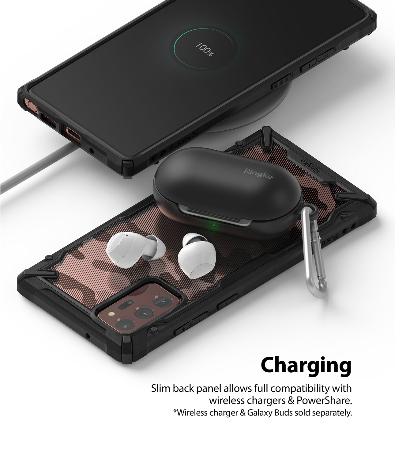 slim back panel allows full compatibility with wireless chargers and powershare