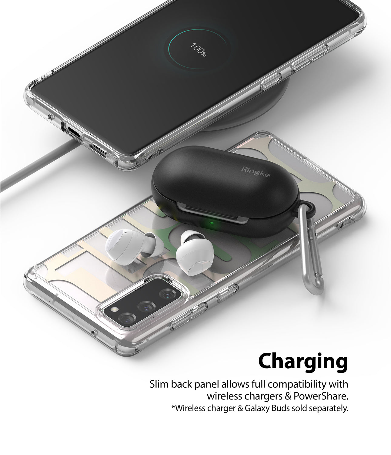 slim back panel allows full compatibility with wireless chargers and powershare