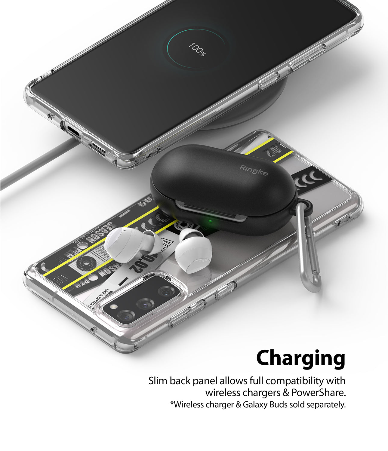 slim back panel allows full compatibility with wireless chargers and powershare
