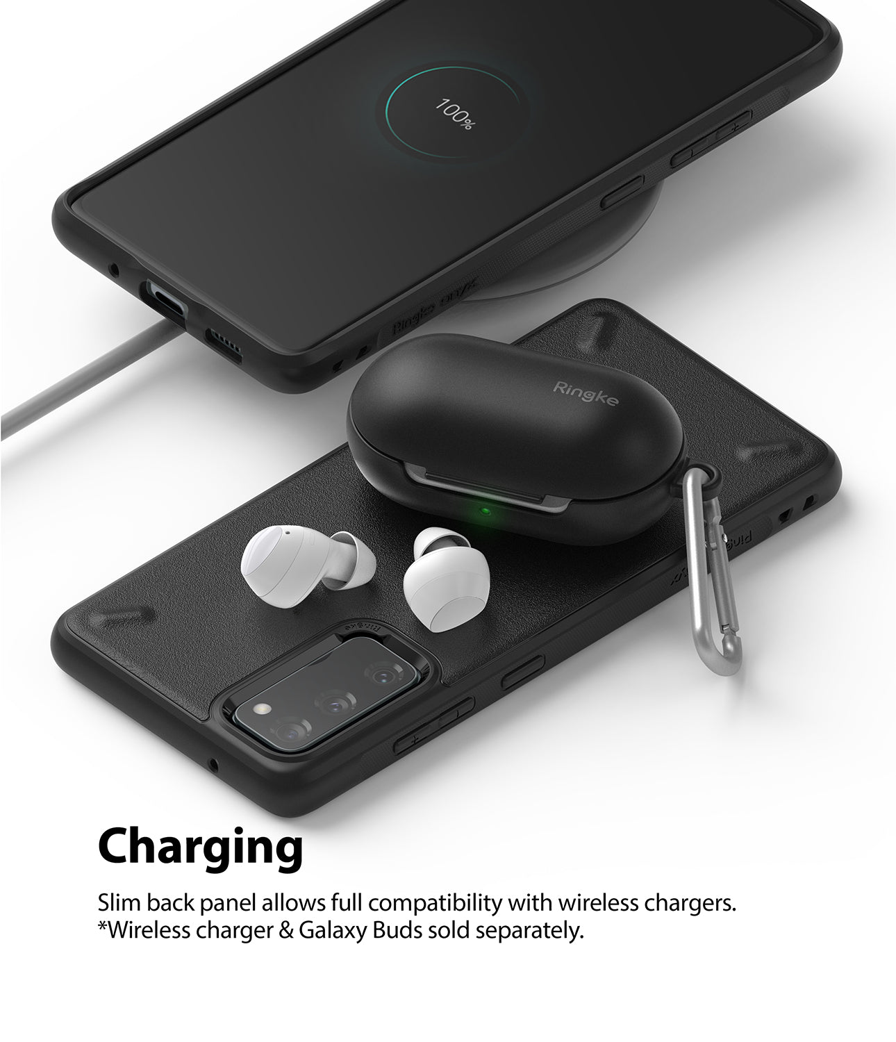 slim back panel allows for compatibility with wireless charging and powershare