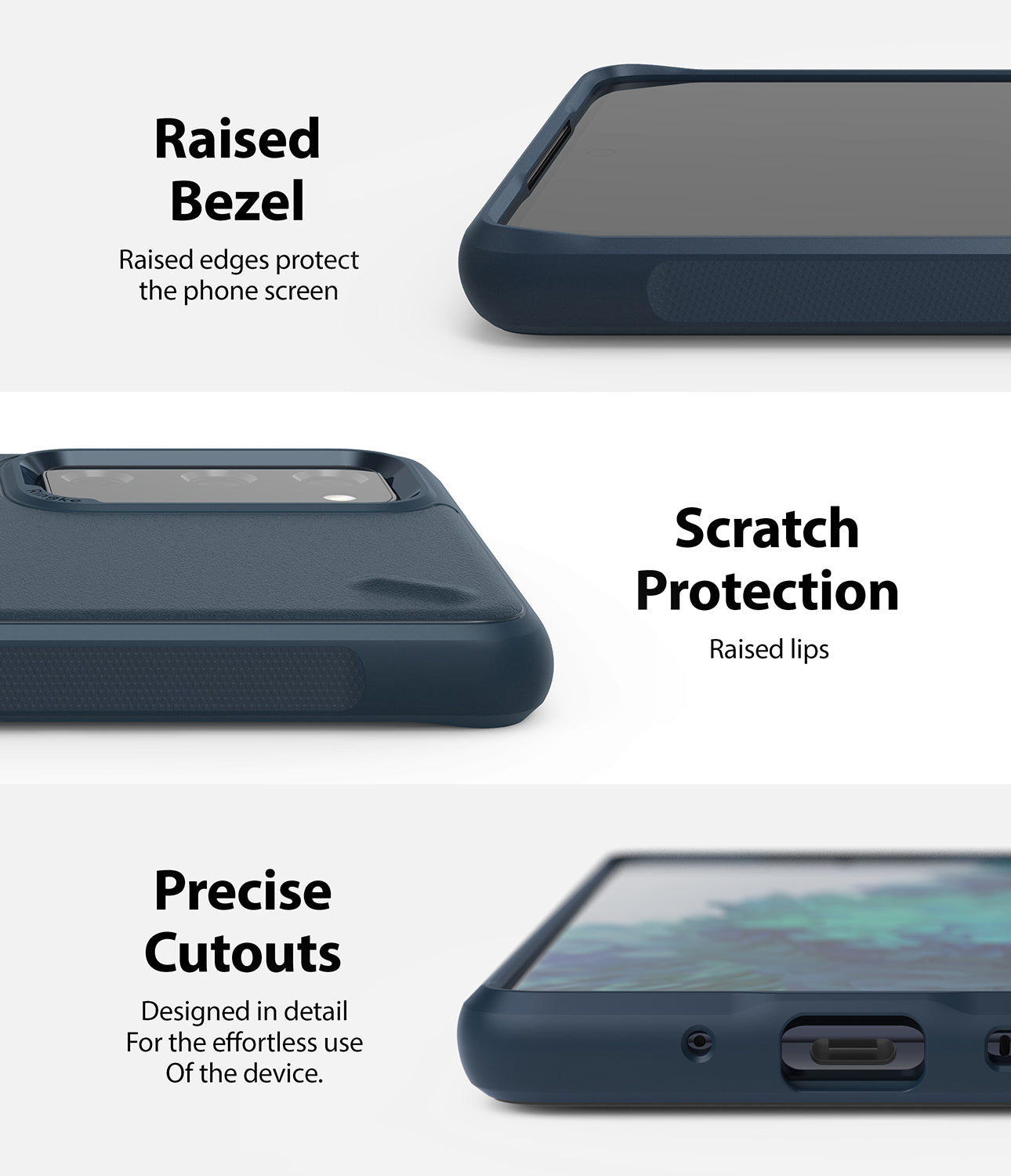 raised bezel and edge to protect the front screen and rear cameras