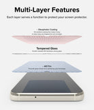 Multi-Layer Features l Each layer serves a function to protect your screen protector. * Oleophobic Coating l Oil-resistant coating that makes it easy to wipe away any fingerprints and smudges. l Tempered Glass - Scratch resistant 9H Hardness strong glass * AB Film - Prevents glass shards from splintering upon breakage
