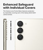 Enhanced Safeguard with Individual Covers l The Camera Lens Frame Glass improves protection by separately covering each of the Galaxy S23 & S23+ camera lenses.