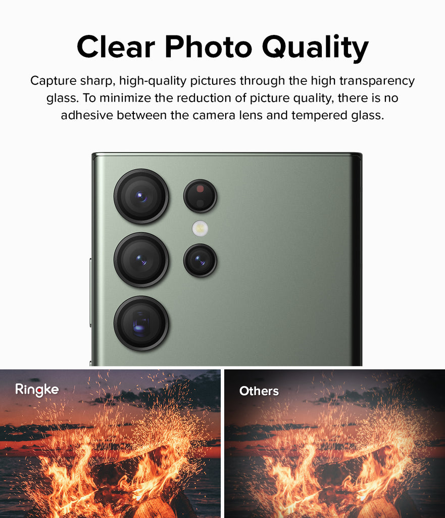 Clear Photo Quality l Capture sharp, high-quality pictures through the high transparency glass. To minimize the reduction of picture quality, there is no adhesive between the camera lens and tempered glass.