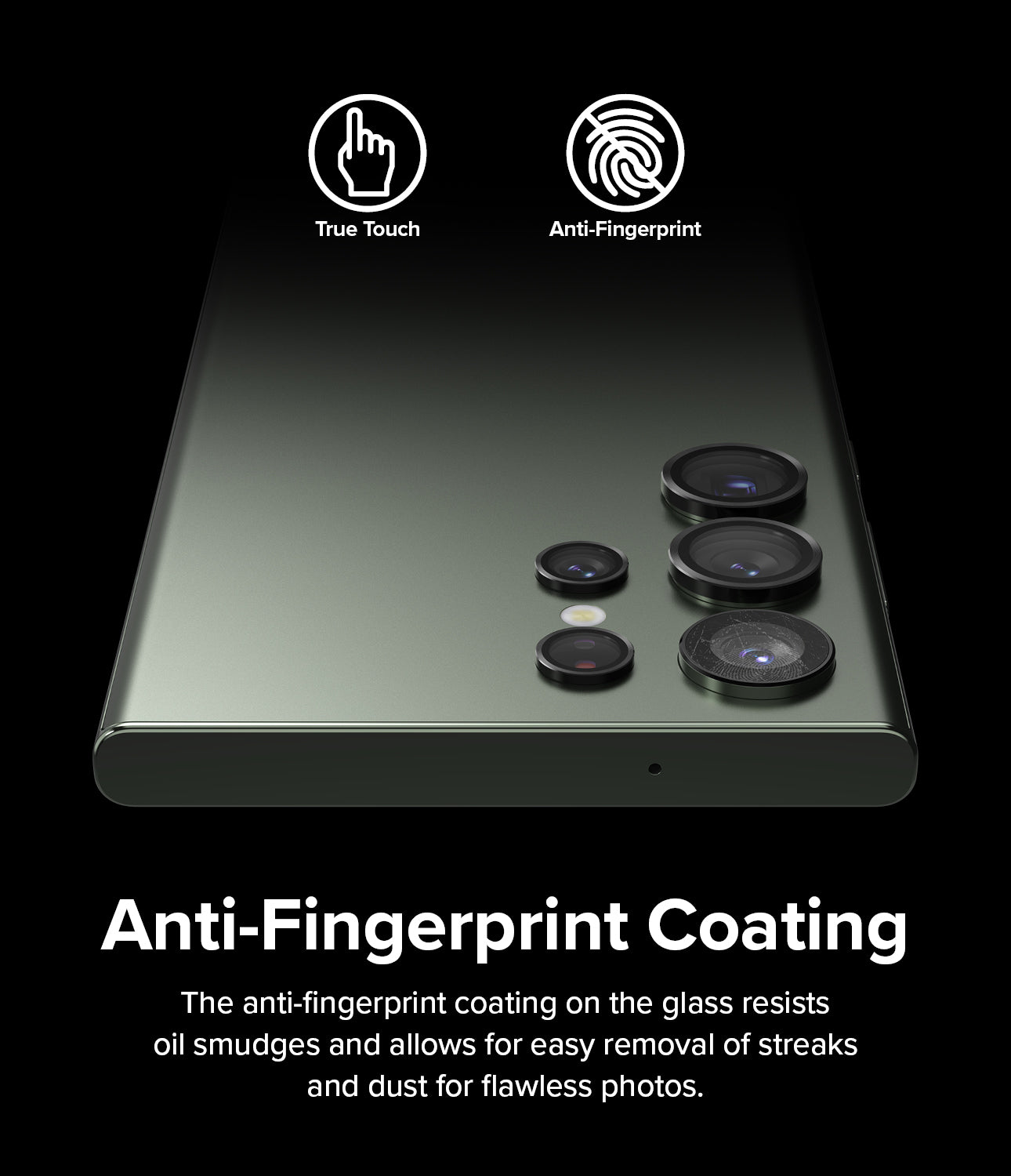 Anti-Fingerprint Coating l The anti-fingerprint coating on the glass resists oil smidges and allows for easy removal of streaks and dust for flawless photos.