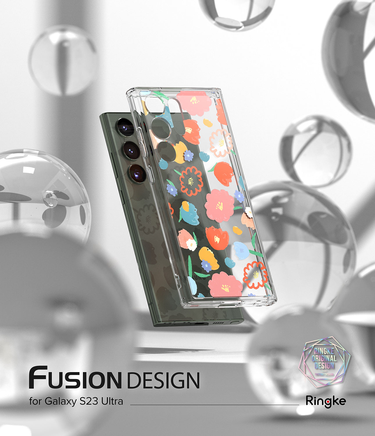 Ringke Fusion Design Compatible with Samsung Galaxy S23 Ultra 5G Case, Clear Hard Back with Flowers Design Shockproof TPU Bumper Phone Cover for