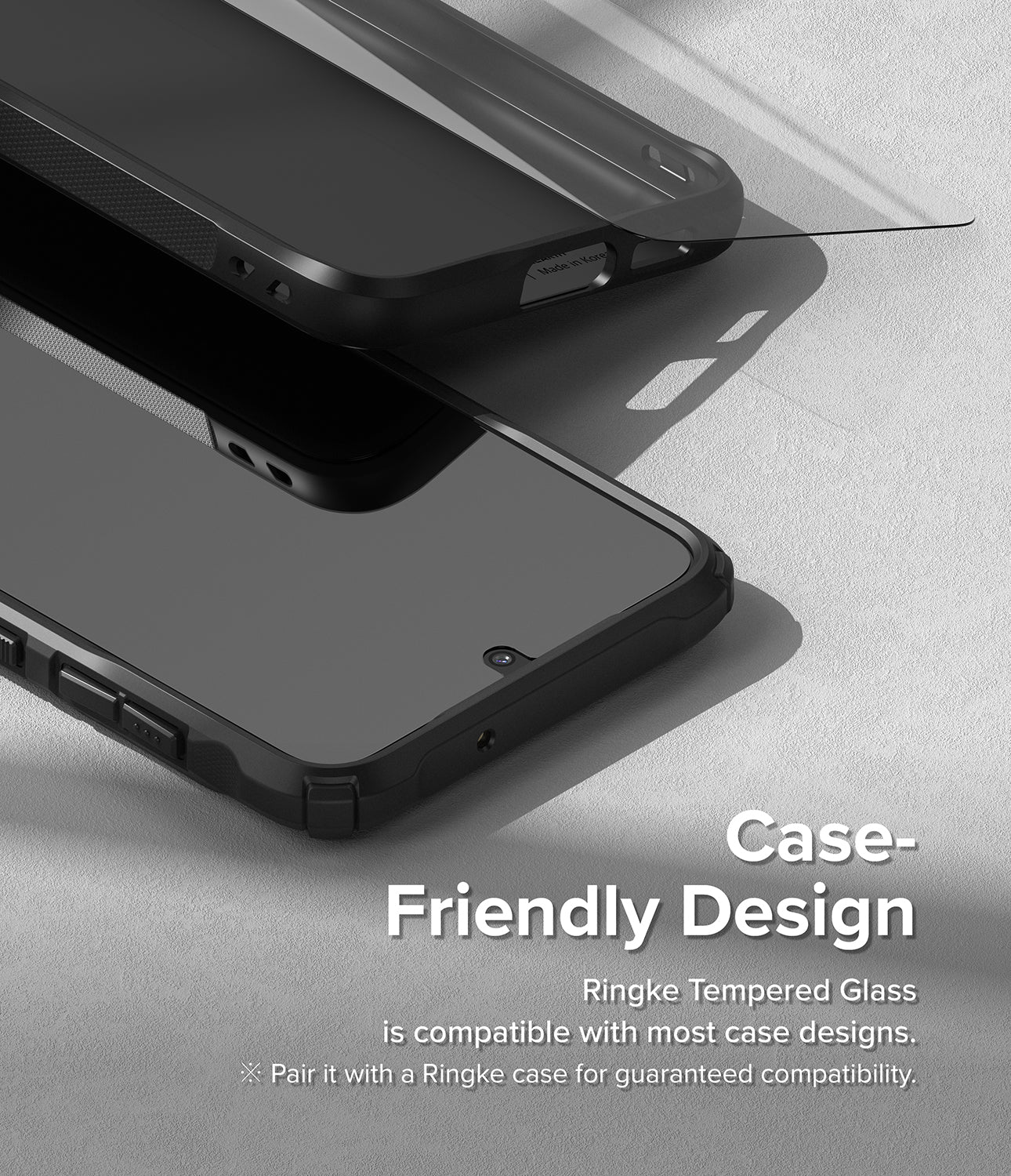 Case-Friendly Design l Ringke Tempered Glass is compatible with most case designs. * Pair it with a Ringke case for guaranteed compatibility.