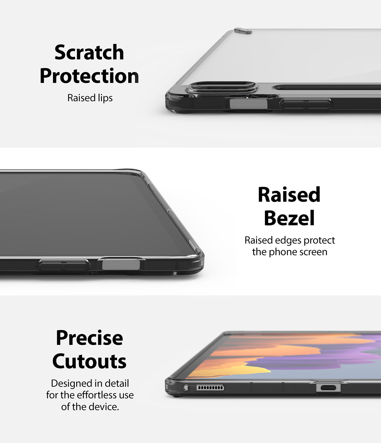 scratch protection with raised lips / raised bezel & precise cutouts designed in detail for the effortless use of the device