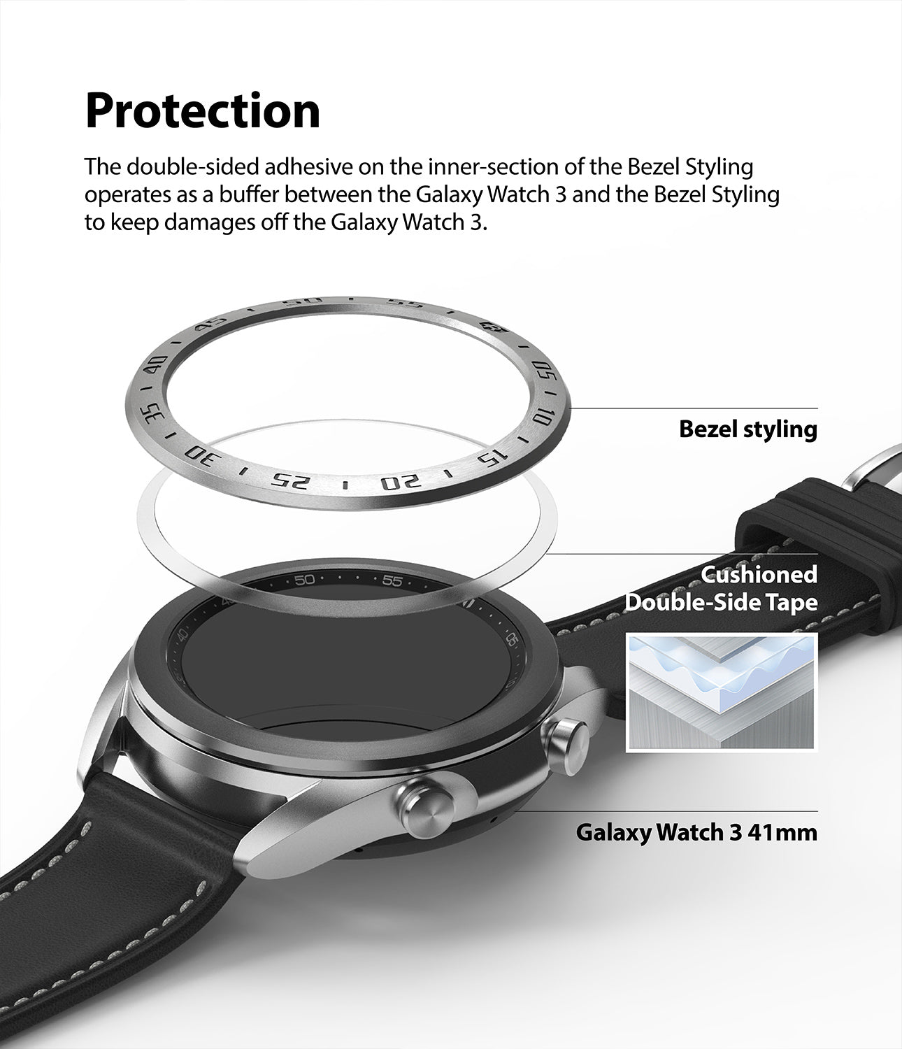 the double sided adhesive on the inner section of the bezel styling operates as a buffer between the galaxy watch 3 and the bezel styling to keep damages off the galaxy watch 3