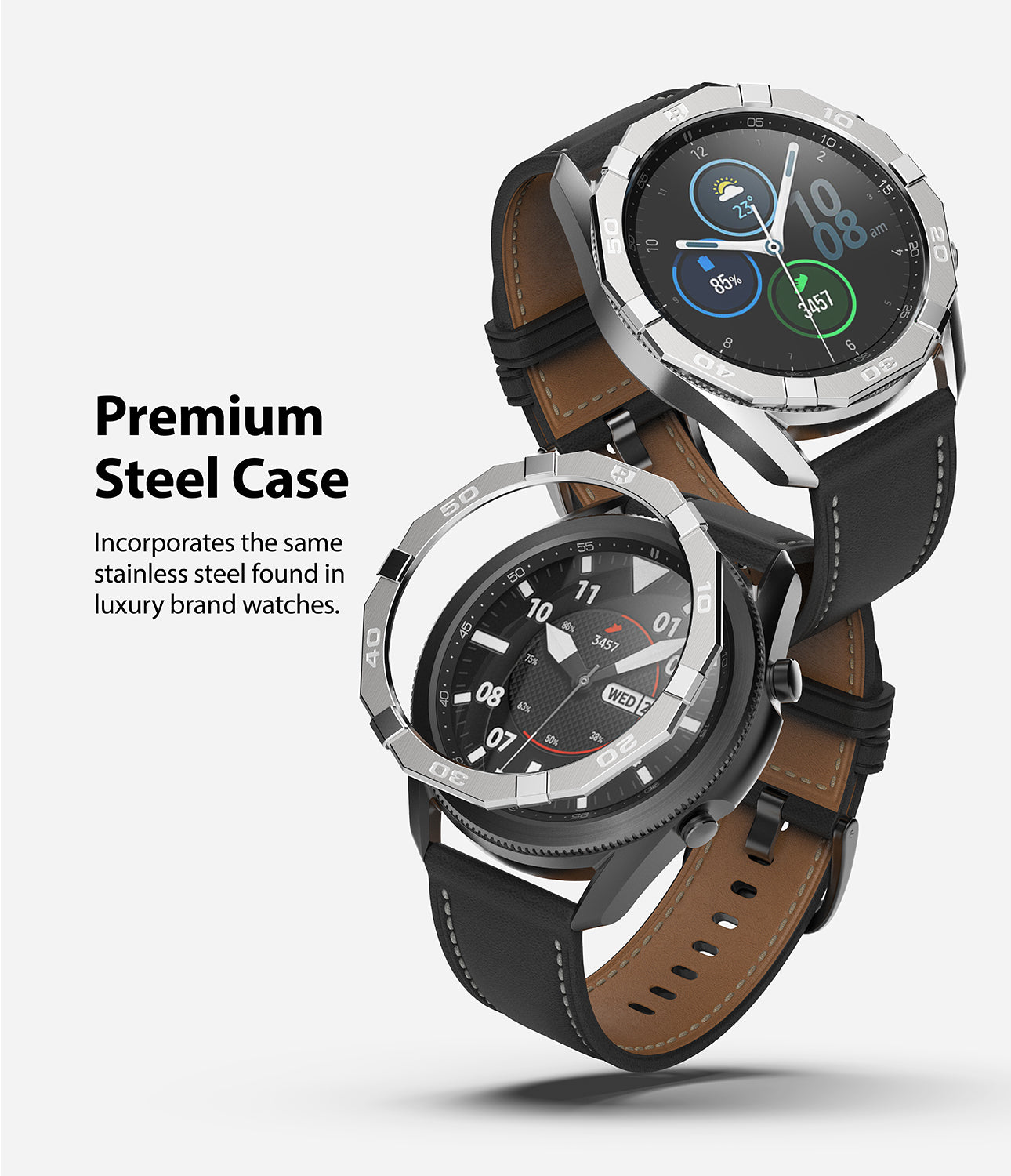 premium steel case - incorporates the same stainless steel found in luxury watch brands