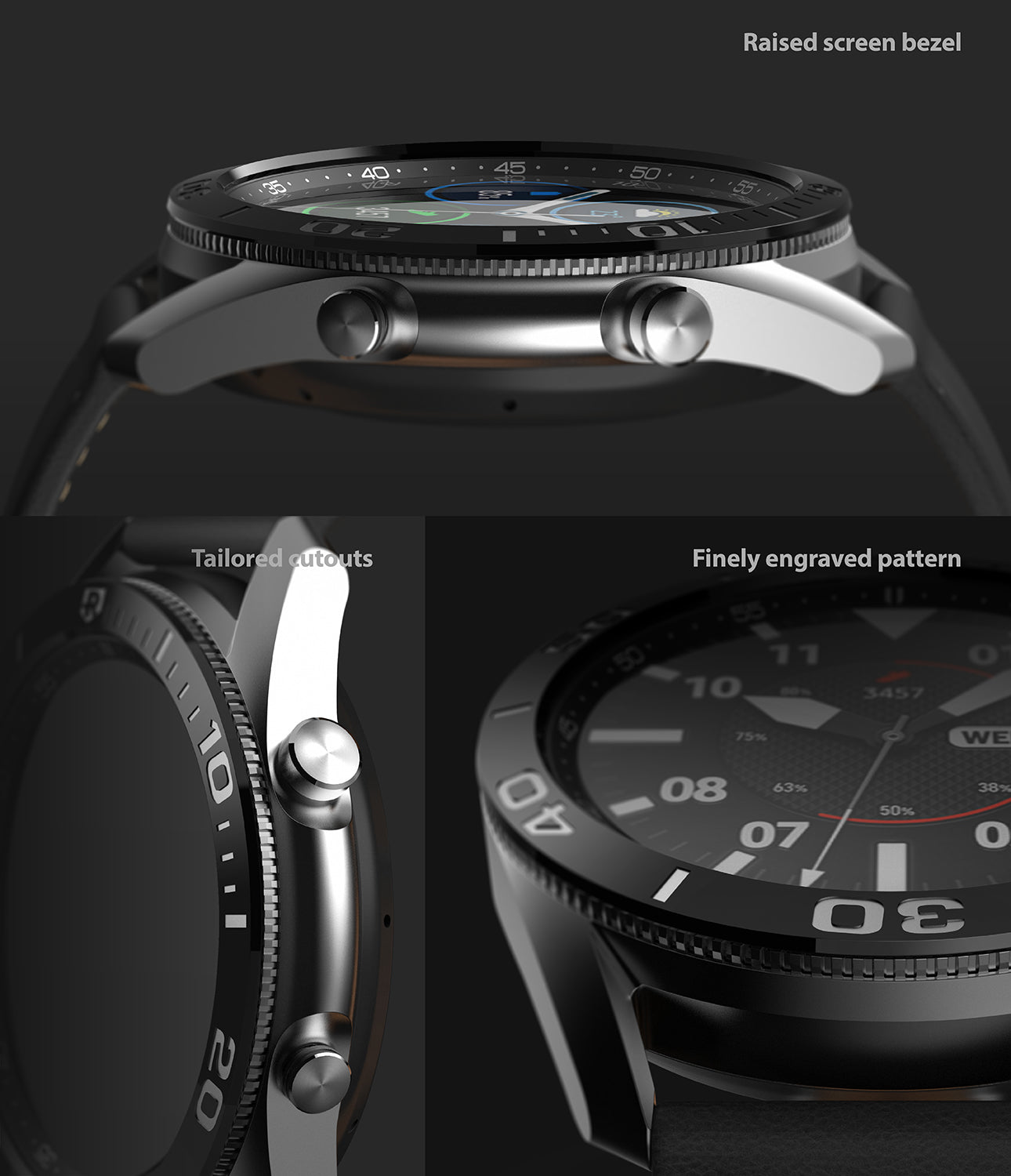raised screen bezel, tailored cutouts, finely engraved pattern