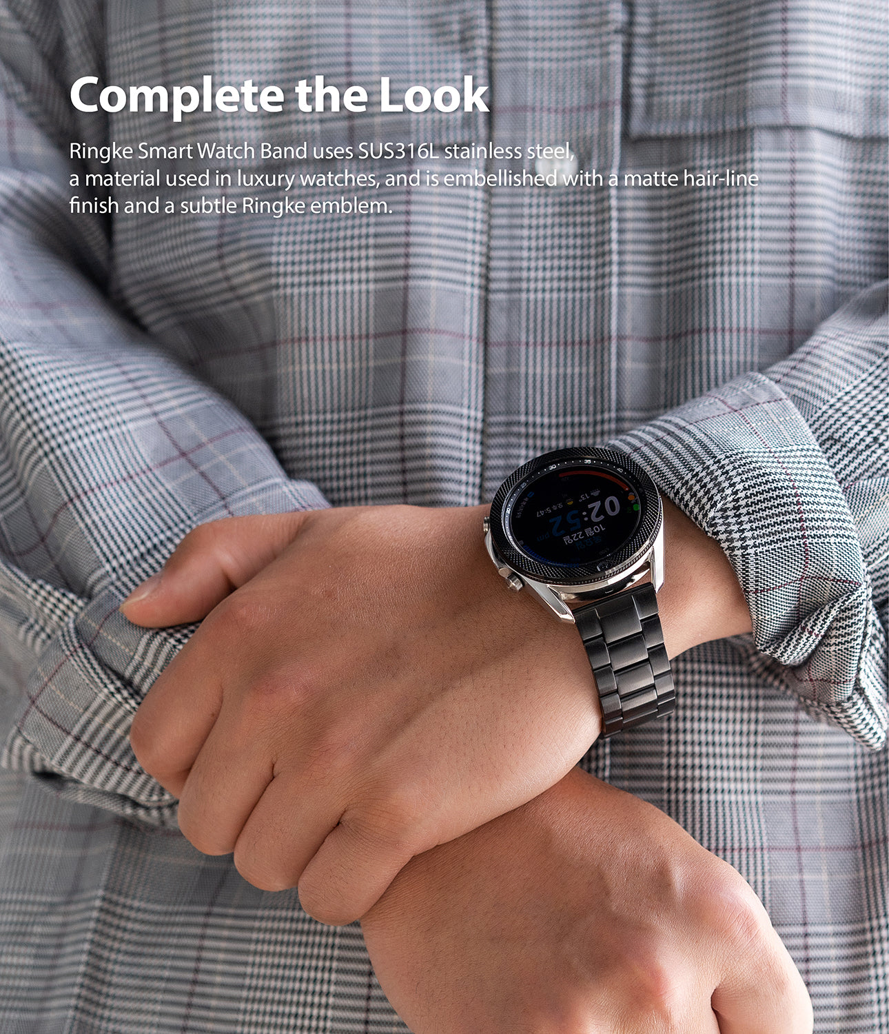 stainless steel used in luxury watches, and is embellished with a matte hairline finish and an subtle ringke emblem
