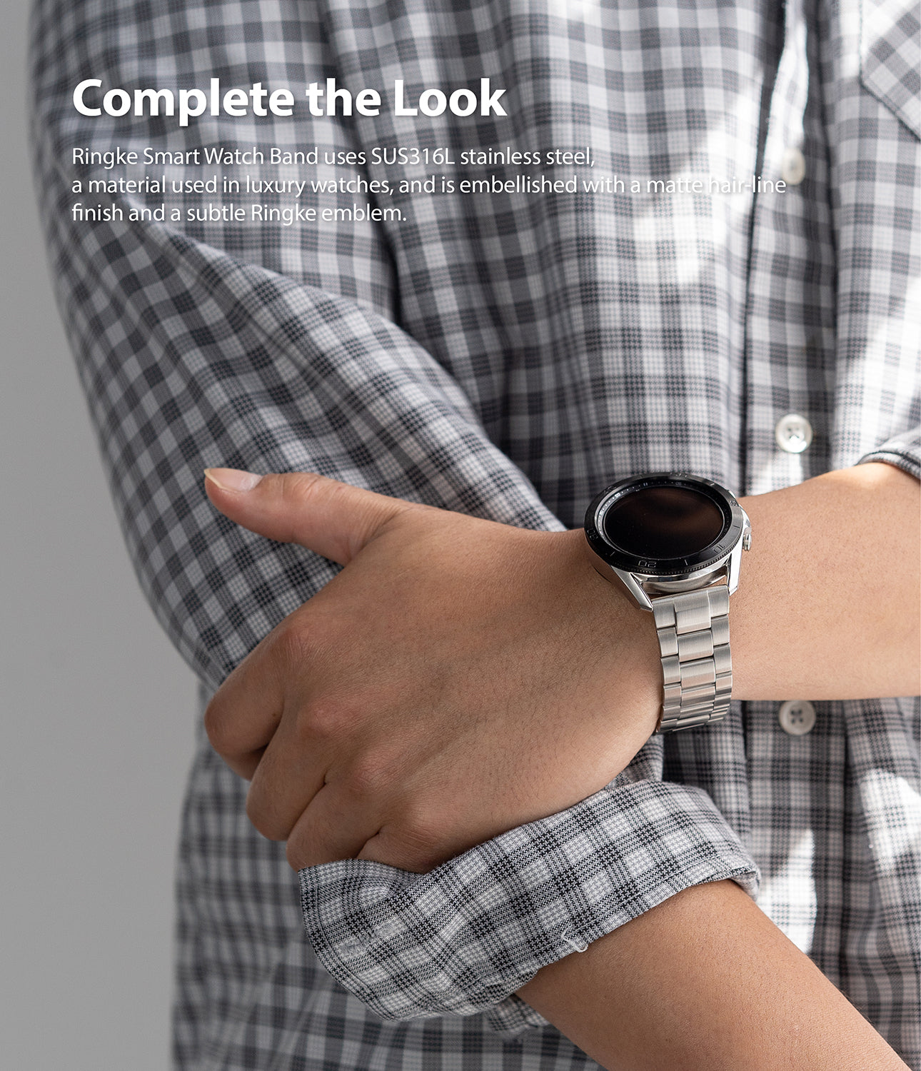 stainless steel used in luxury watches, and is embellished with a matte hairline finish and an subtle ringke emblem