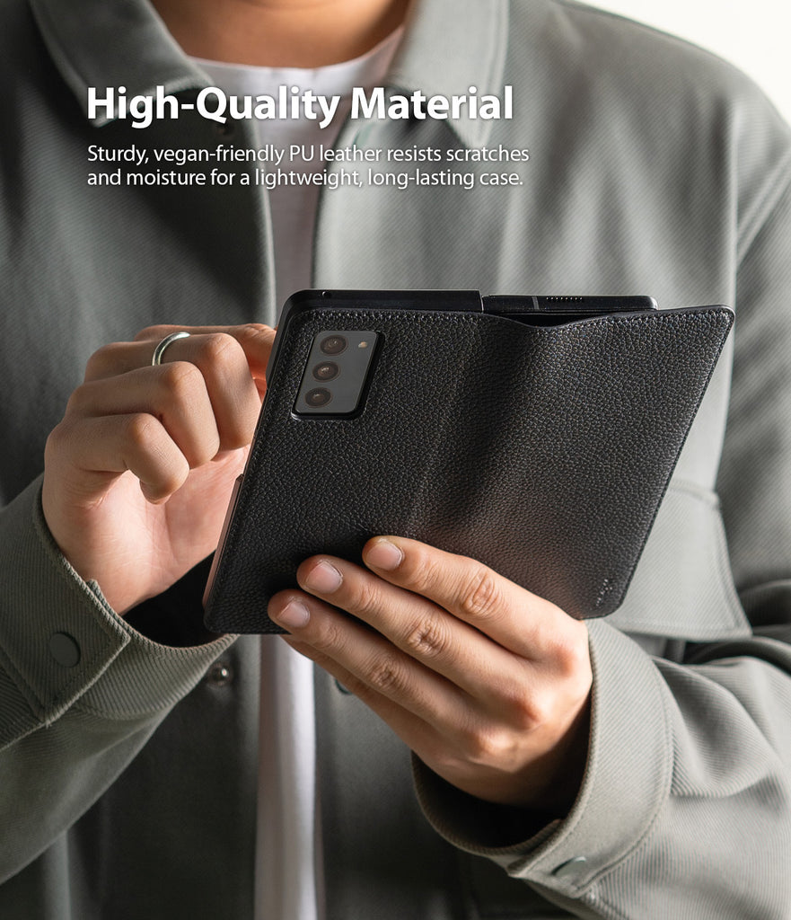 sturdy, vegan friendly pu leather resists scratches and moisture for a lightweight, long-lasting case
