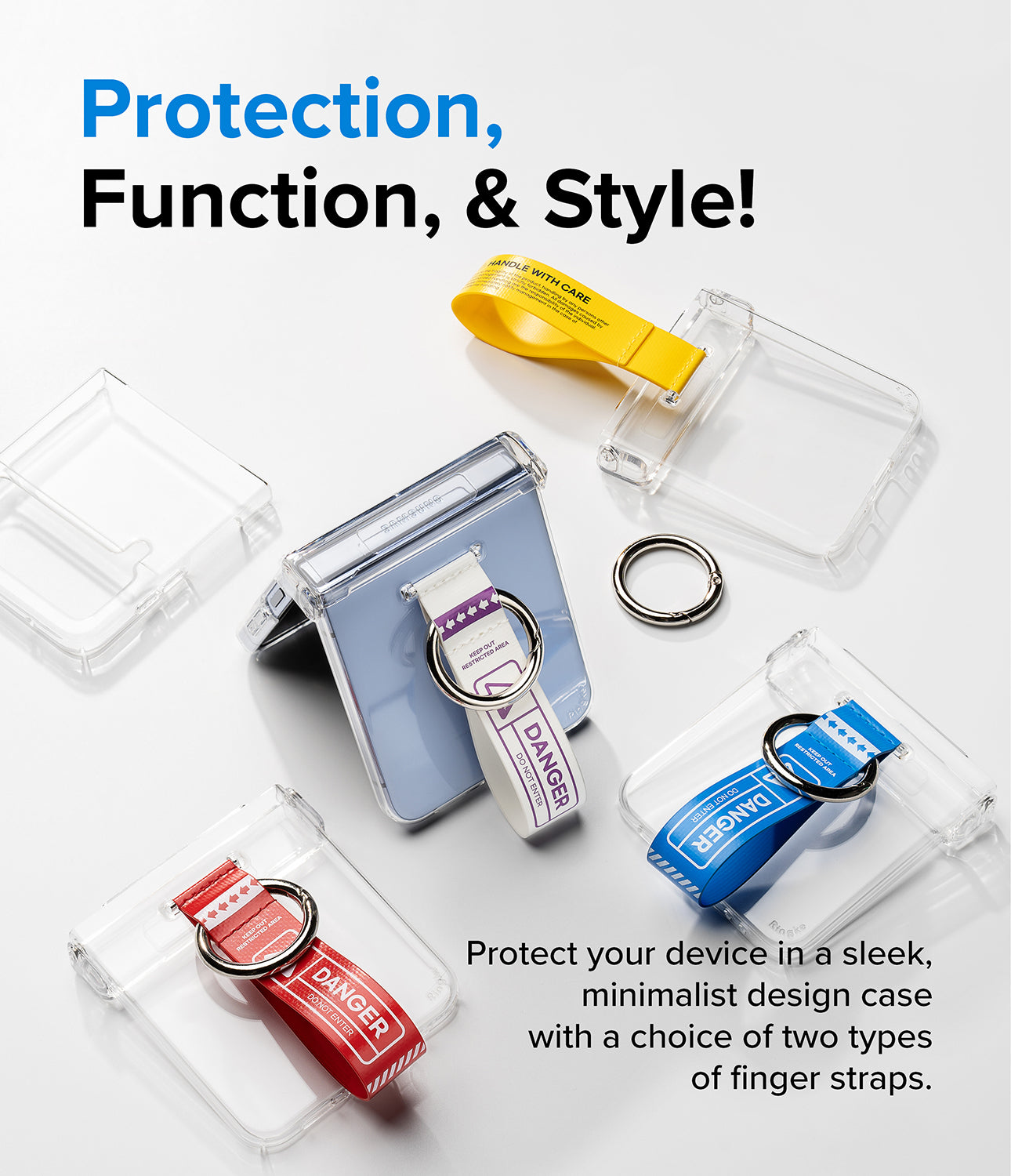 Protect your device in a sleek, minimalist design case with a choice of two types of finger straps.