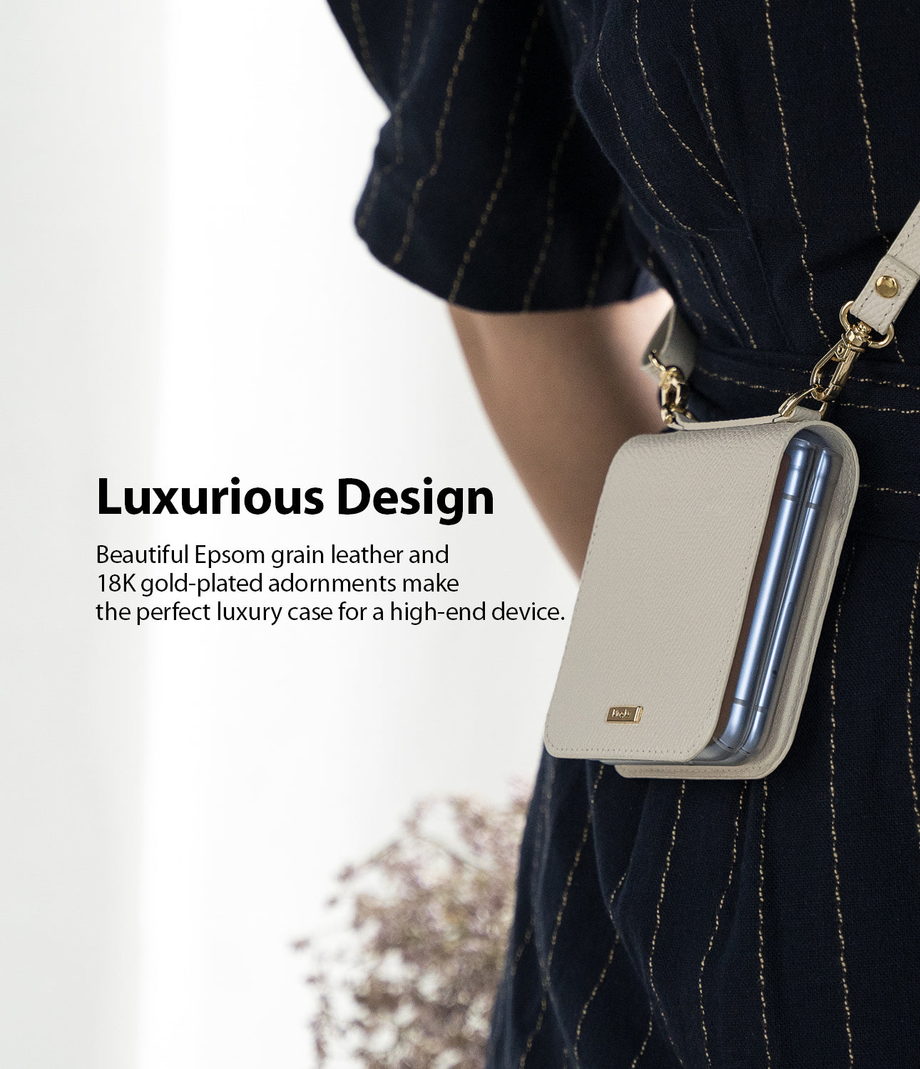 luxurious design - epsom grain leather and 19k gold plated adornment make the perfect luxury case for a high-end device