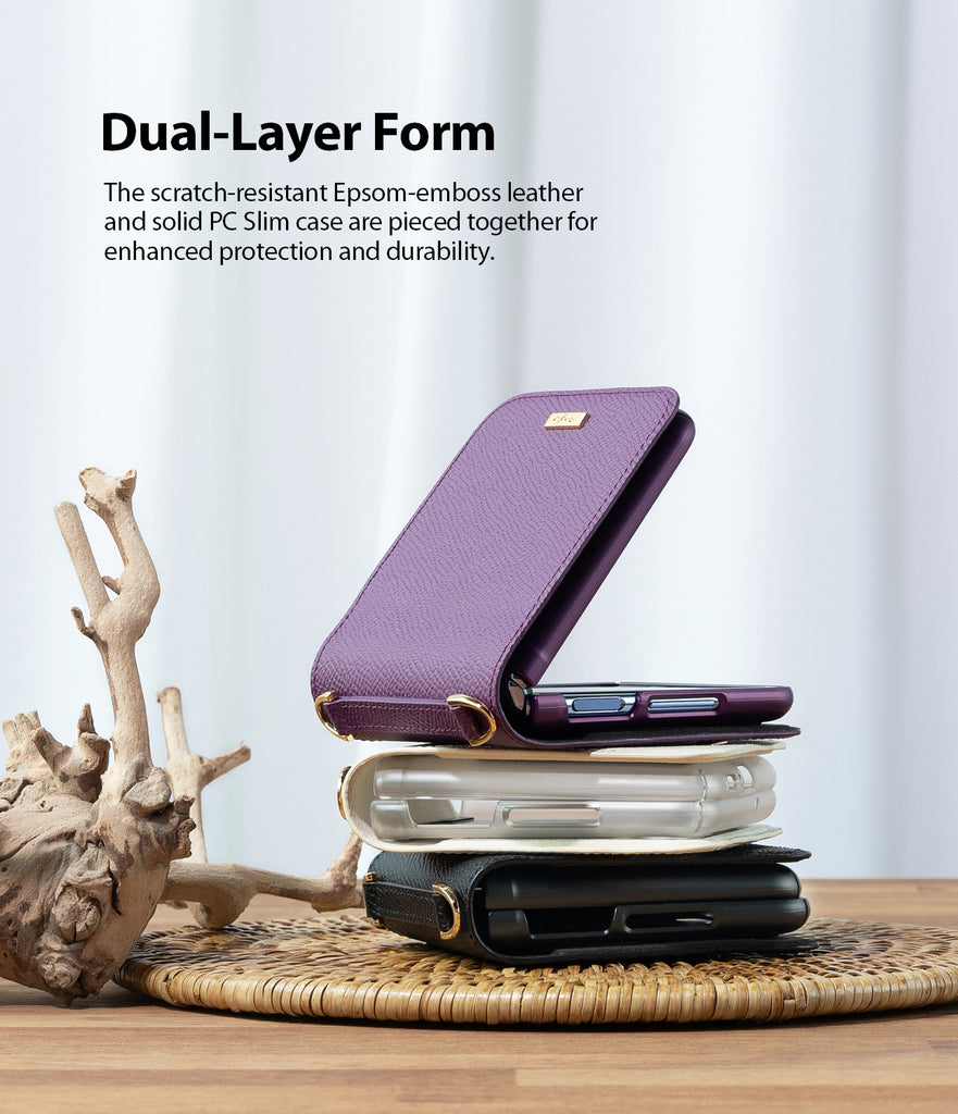 dual-layer form - the scratch-resistant Epsom-emboss leather and solid PC slim case are pieced together for enhanced protection and durability