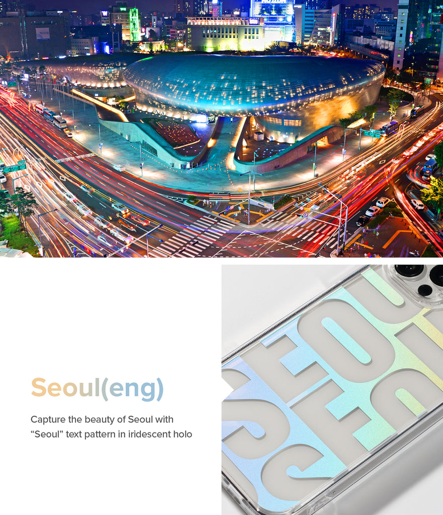 iPhone 13 Mini Case | Fusion Design - Seoul. Capture the beauty of Seoul with "Seoul" text pattern in iridescent holo.