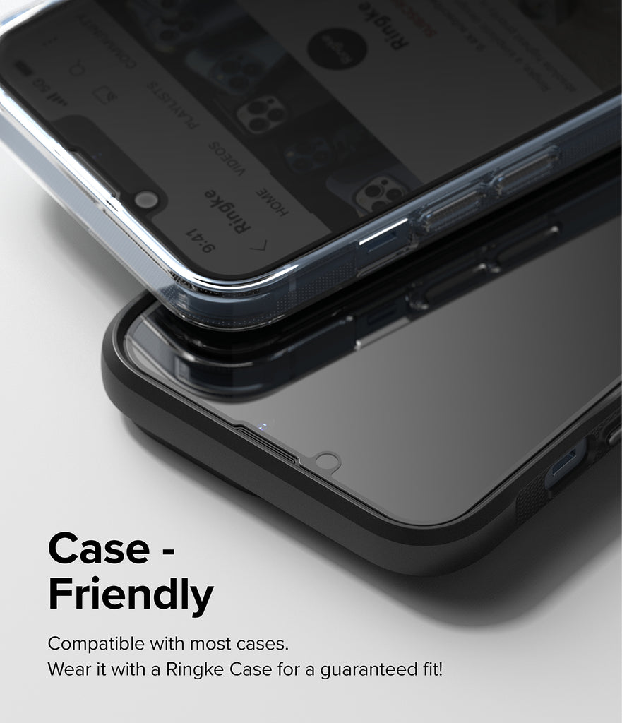 iPhone 14 Plus / 13 Pro Max Screen Protector | Privacy Glass - Case-Friendly. Compatible with most cases. Wear it on a Ringke Case for a guaranteed fit.