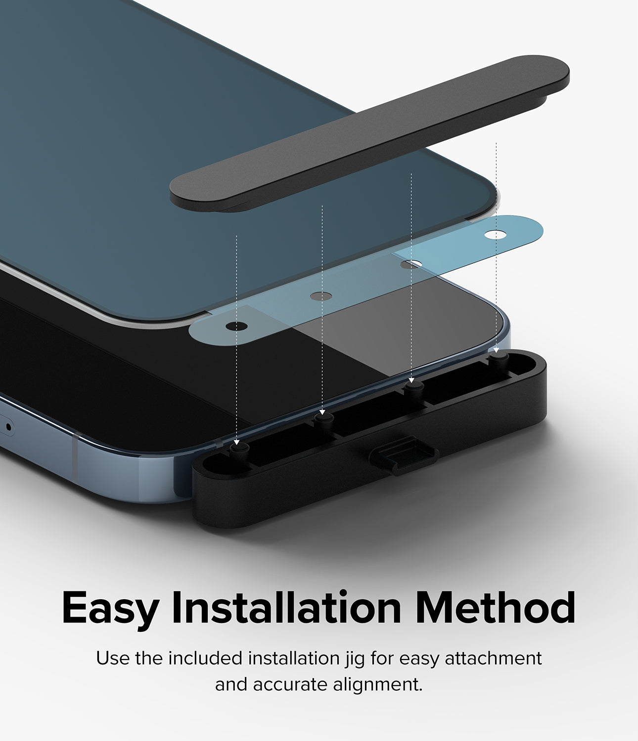 iPhone 14 Plus / 13 Pro Max Screen Protector | Privacy Glass - Easy Installation Method. Use the included installation jig for easy attachment and accurate alignment.