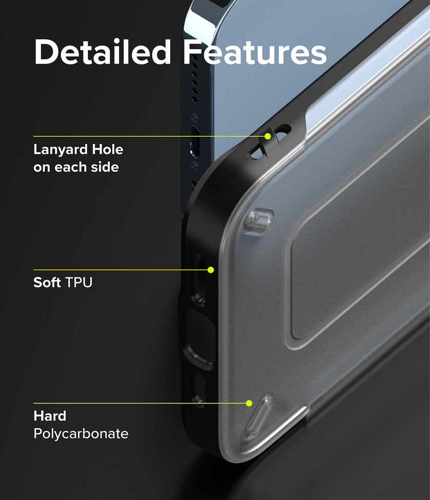 iPhone 13 Pro Max Case | UX - Detailed Features. Lanyard hole on each side. Soft TPU. Hard Polycarbonate.