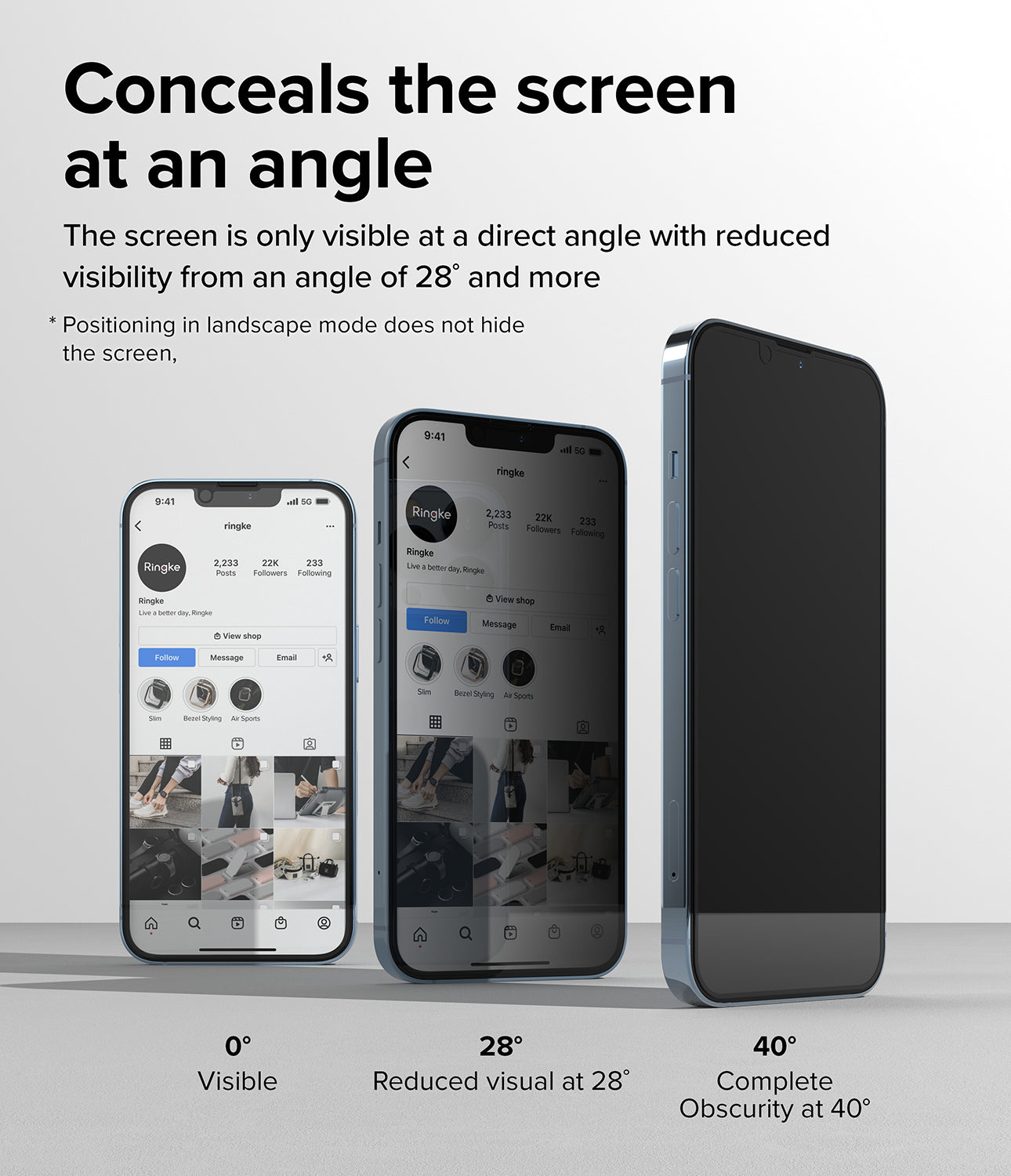 iPhone 14 / 13 Pro / 13 Screen Protector | Privacy Glass - Conceals the screen at an angle. The screen is only visible at a direct angle with reduced visibility from an angle of 28 degrees and more. Positioning in landscape mode does not hide the screen.