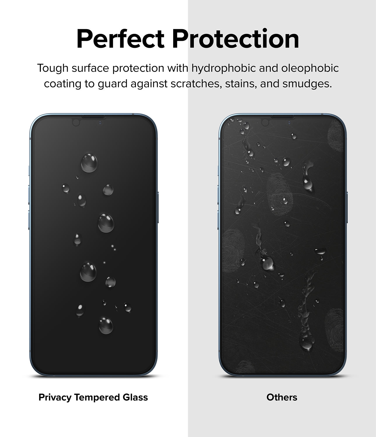 iPhone 14 / 13 Pro / 13 Screen Protector | Privacy Glass - Perfect Protection. Tough surface protection with hydrophobic and oleophobic coating to guard against scratches, stains, and smudges.