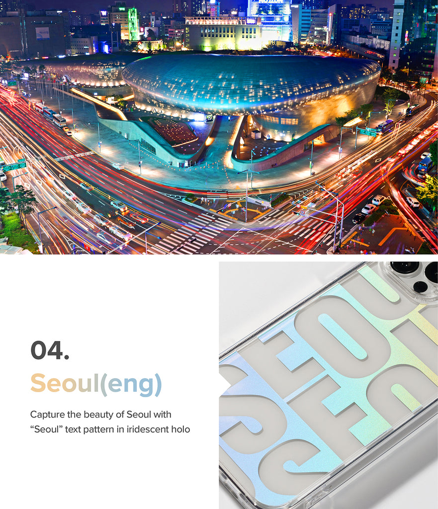 iPhone 13 Case | Fusion Design - Seoul. Capture the beauty of Seoul with "Seoul" text pattern in iridescent holo.