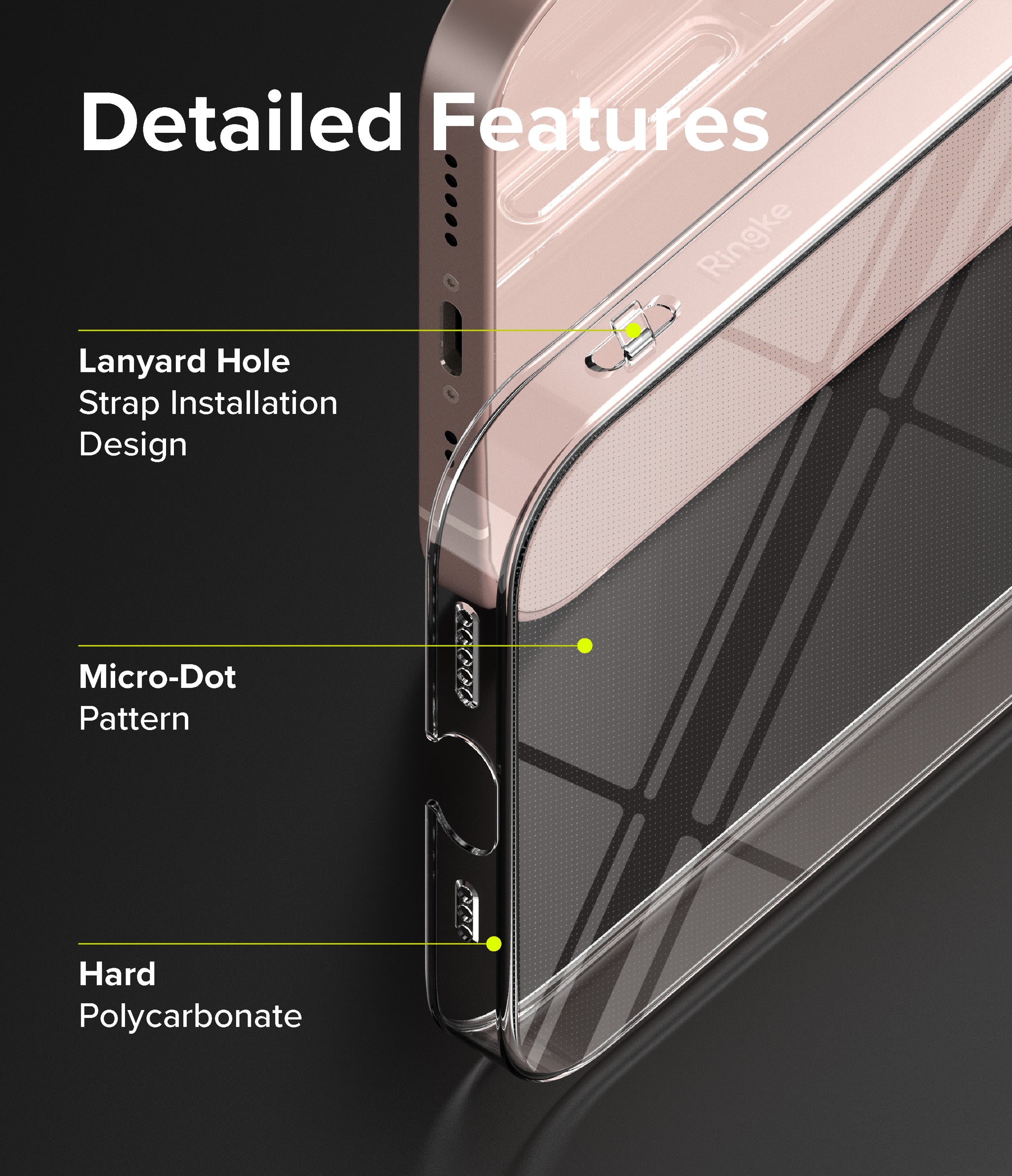 iPhone 13 Case | Slim - Detailed Features. Lanyard hole strap installation design. Micro-dot pattern. Hard Polycarbonate