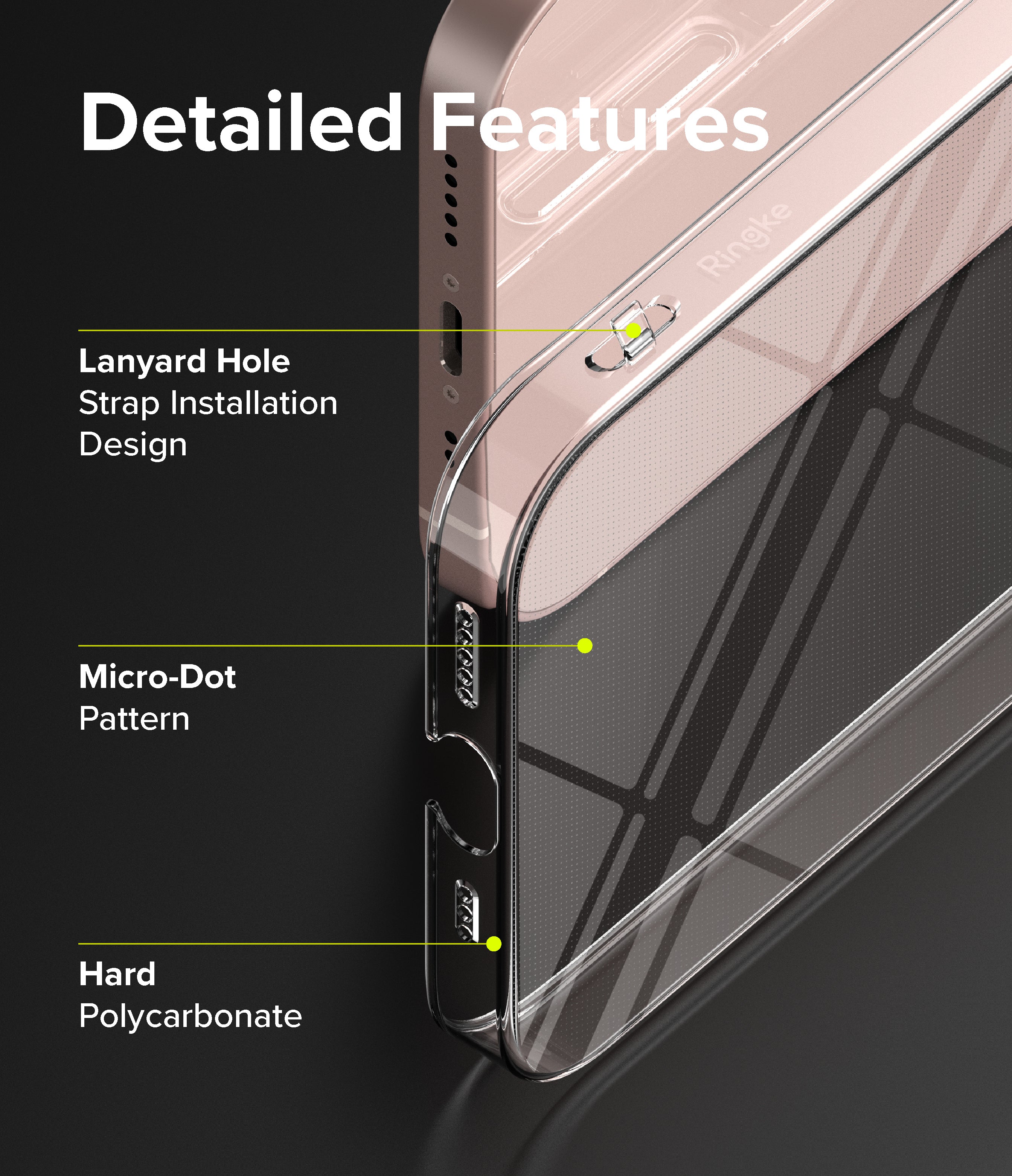 iPhone 13 Mini Case | Slim - Detailed Features. Lanyard hole strap installation design. Micro-dot pattern. Hard polycarbonate