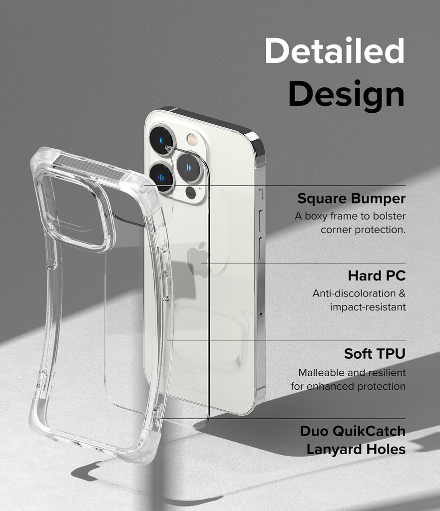 Detailed Design l Square Bumper - A boxy frame to bolster corner protection. Hard PC -  Anti-discoloration & impact-resistant. Soft TPU - Malleable and resilient for enhanced protection. Duo QuikCatch Lanyard Holes.