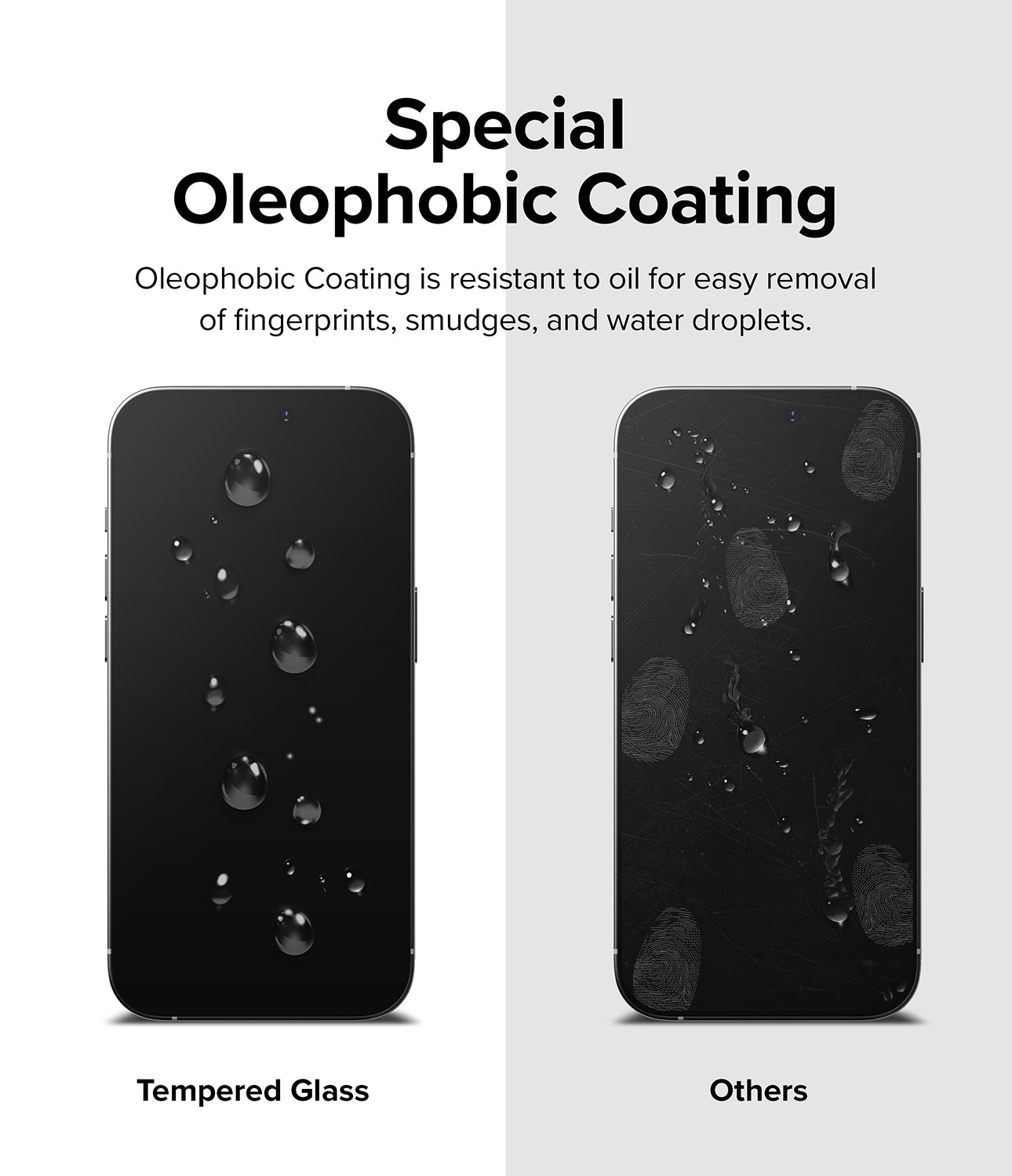 iPhone 14 Pro Max Screen Protector | Full Cover Glass - Special Oleophobic Coating. Oleophobic coating is resistant to oil for easy removal of fingerprints, smudges, and water droplets.