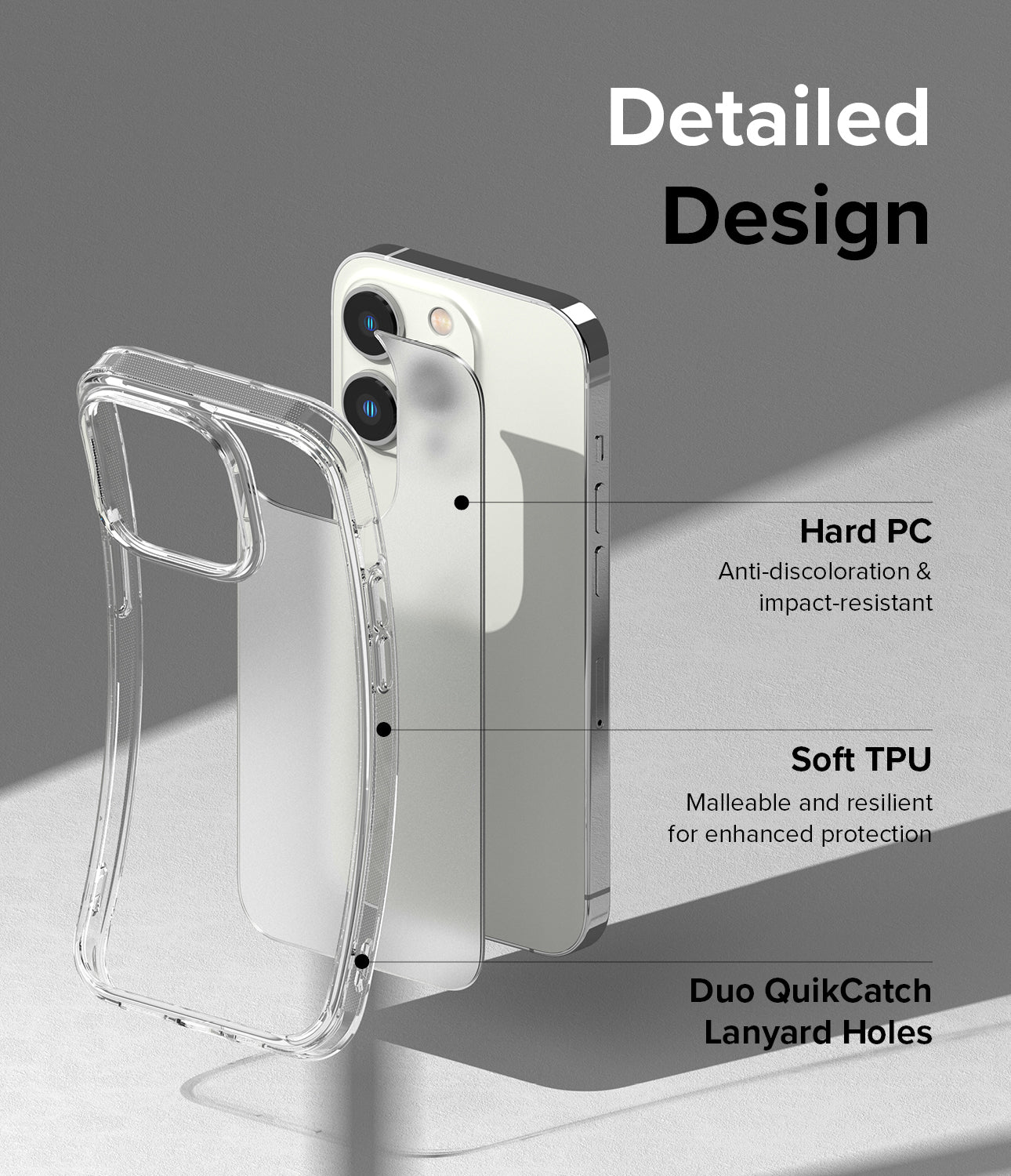 iPhone 14 Pro Max Case | Fusion Matte - Clear- Detailed Design. Anti-discoloration and impact-resistant with Hard PC. Malleable and resilient for enhanced protection with Soft TPU. Duo QuikCatch Lanyard Holes.
