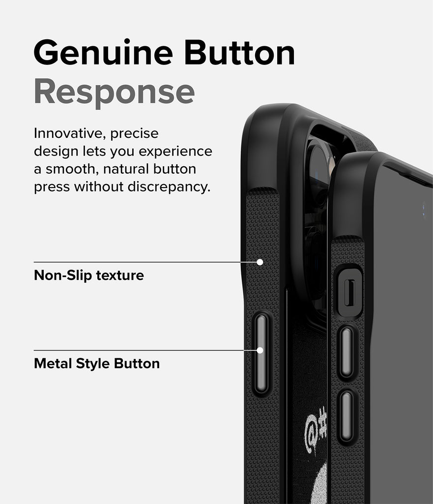 iPhone 14 Pro Max Case | Onyx Design - Genuine Button Response. Innovative, precise design lets you experience a smooth, natural button press without discrepancy. Non-Slip Texture. Metal Style Button