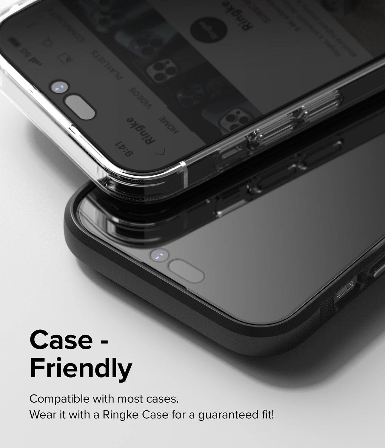 iPhone 14 Pro Max Screen Protector | Privacy Glass - Case-Friendly. Compatible with most cases. Wear it with a Ringke Case for a guaranteed fit.