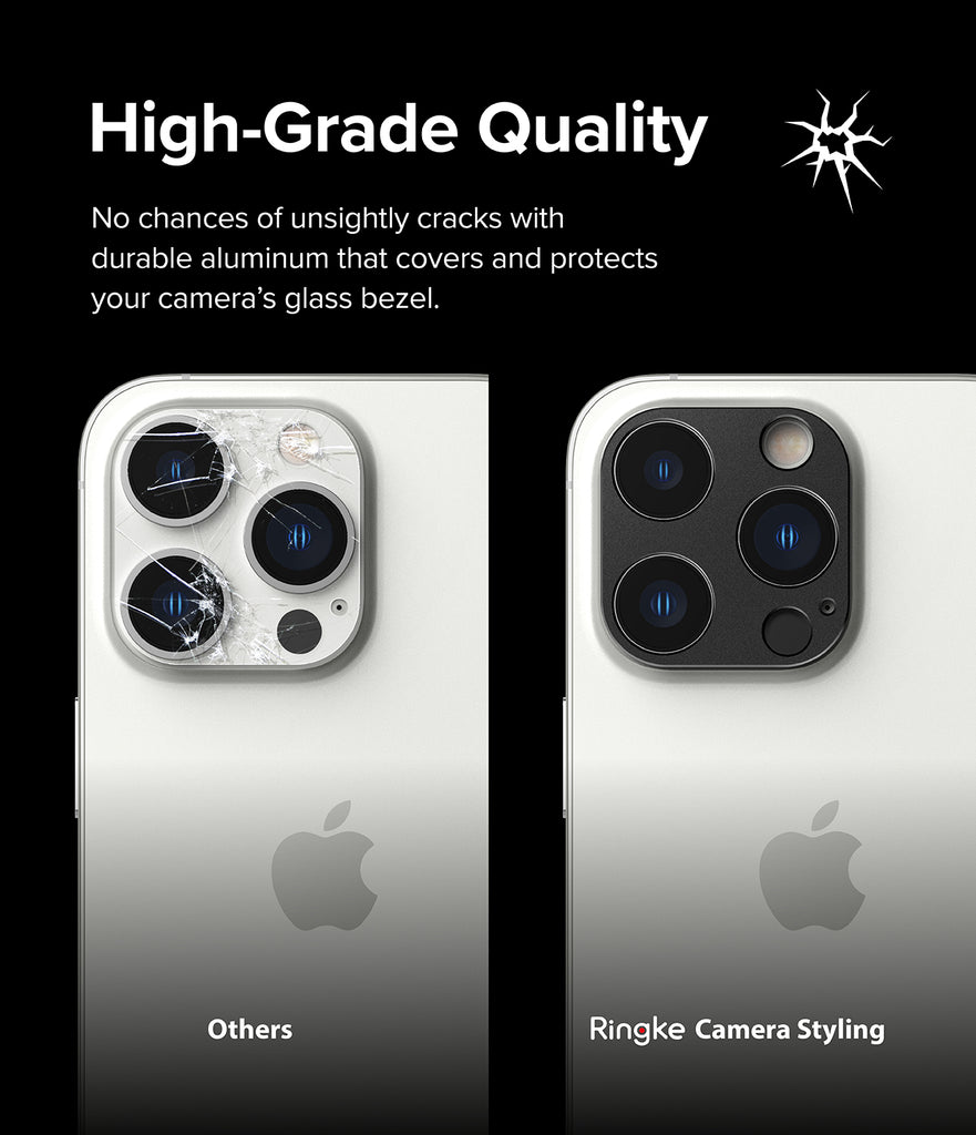 iPhone 14 Pro Max / 14 Pro | Camera Styling - High Grade Quality. No chances of unsightly cracks with durable aluminum that covers and protects your camera's glass bezel.