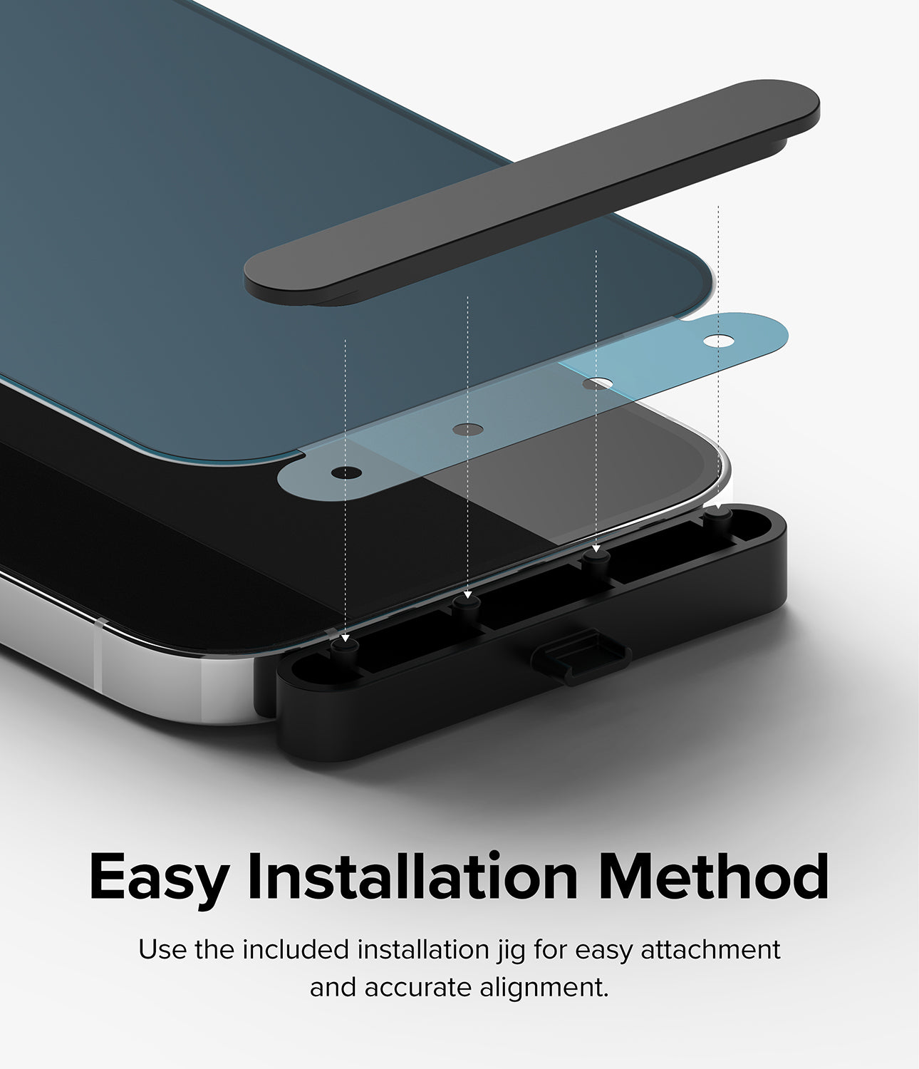 iPhone 14 Pro Screen Protector | Privacy Glass - Easy Installation Method. Use the included installation jig for easy attachment and accurate alignment.