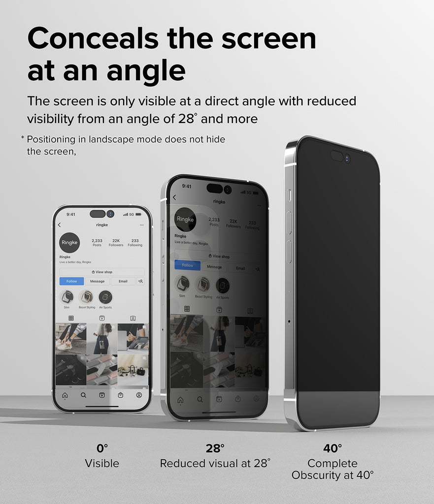iPhone 14 Pro Screen Protector | Privacy Glass - Conceals the screen at an angle. The screen is only visible at a direct angle with reduced visibility from an angle of 28 degrees and more.