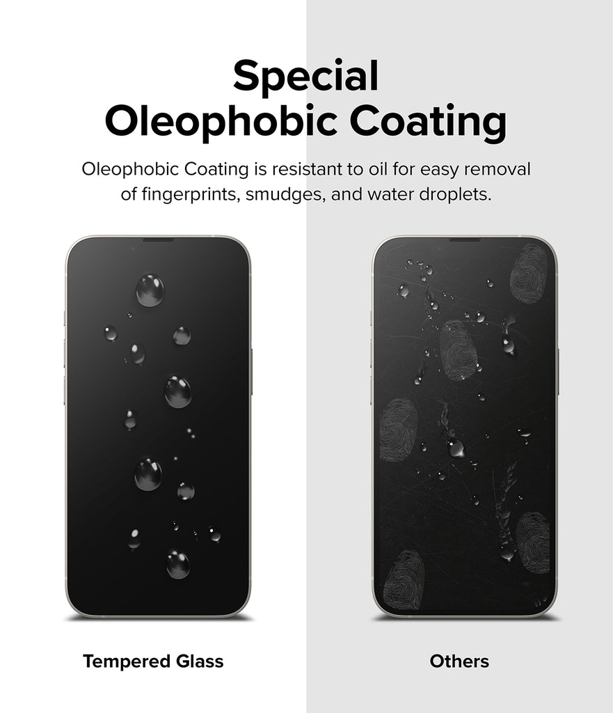 iPhone 14 / 13 Pro / 13 Screen Protector | Full Cover Glass - Special Oleophobic Coating. Oleophobic Coating is resistant to oil for easy removal of fingerprints, smudges, and water droplets.