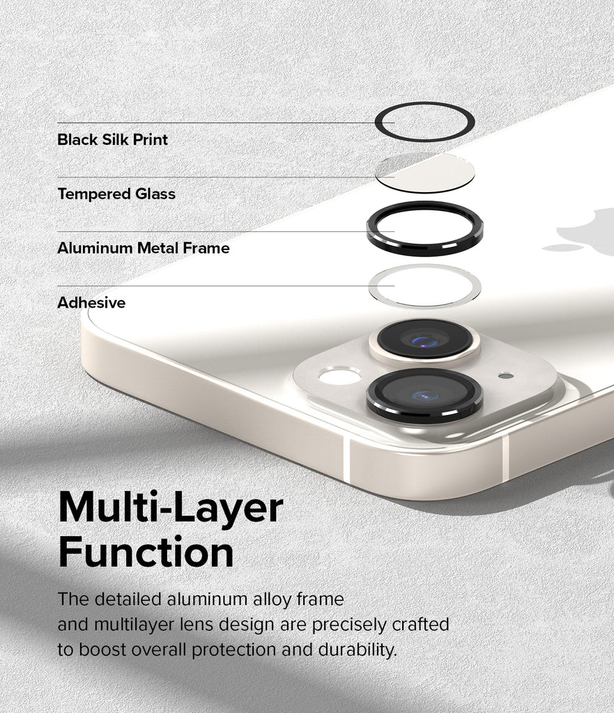 iPhone 14 Plus / 14 | Camera Lens Frame Glass - Multi-Layer Function. The detailed aluminum alloy frame and multilayer lens design are precisely crafted to boost overall protection and durability.