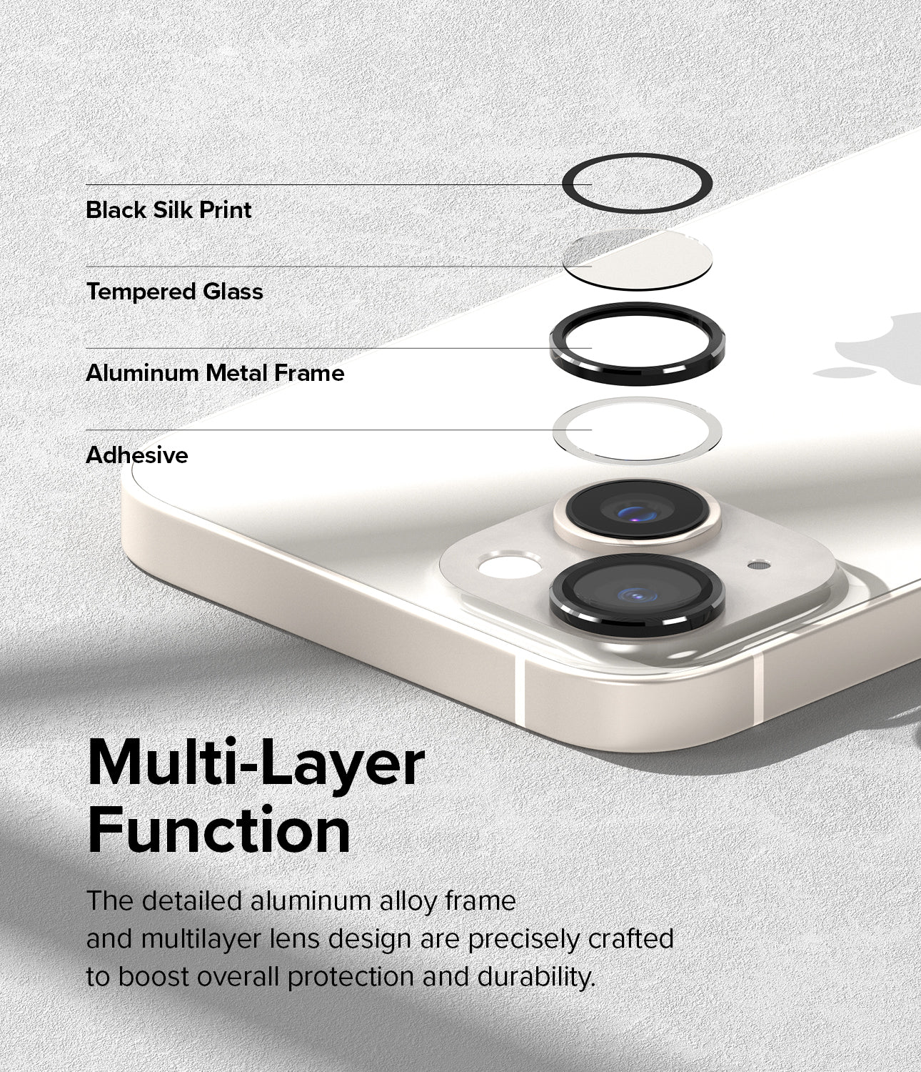 iPhone 14 Plus / 14 | Camera Lens Frame Glass - Multi-Layer Function. The detailed aluminum alloy frame and multilayer lens design are precisely crafted to boost overall protection and durability.