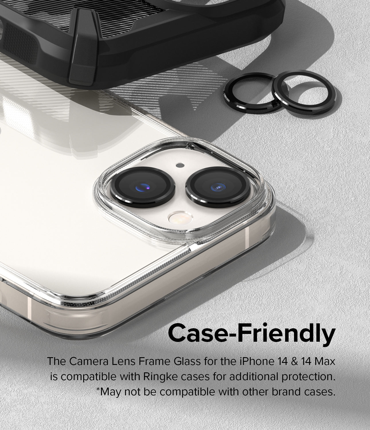 iPhone 14 Plus / 14 | Camera Lens Frame Glass - Case-Friendly. The camera lens frame glass for the iPhone 14 & 14 Plus iscoompatible with Ringke cases for additional protection. *May not be compatible with other brand cases.