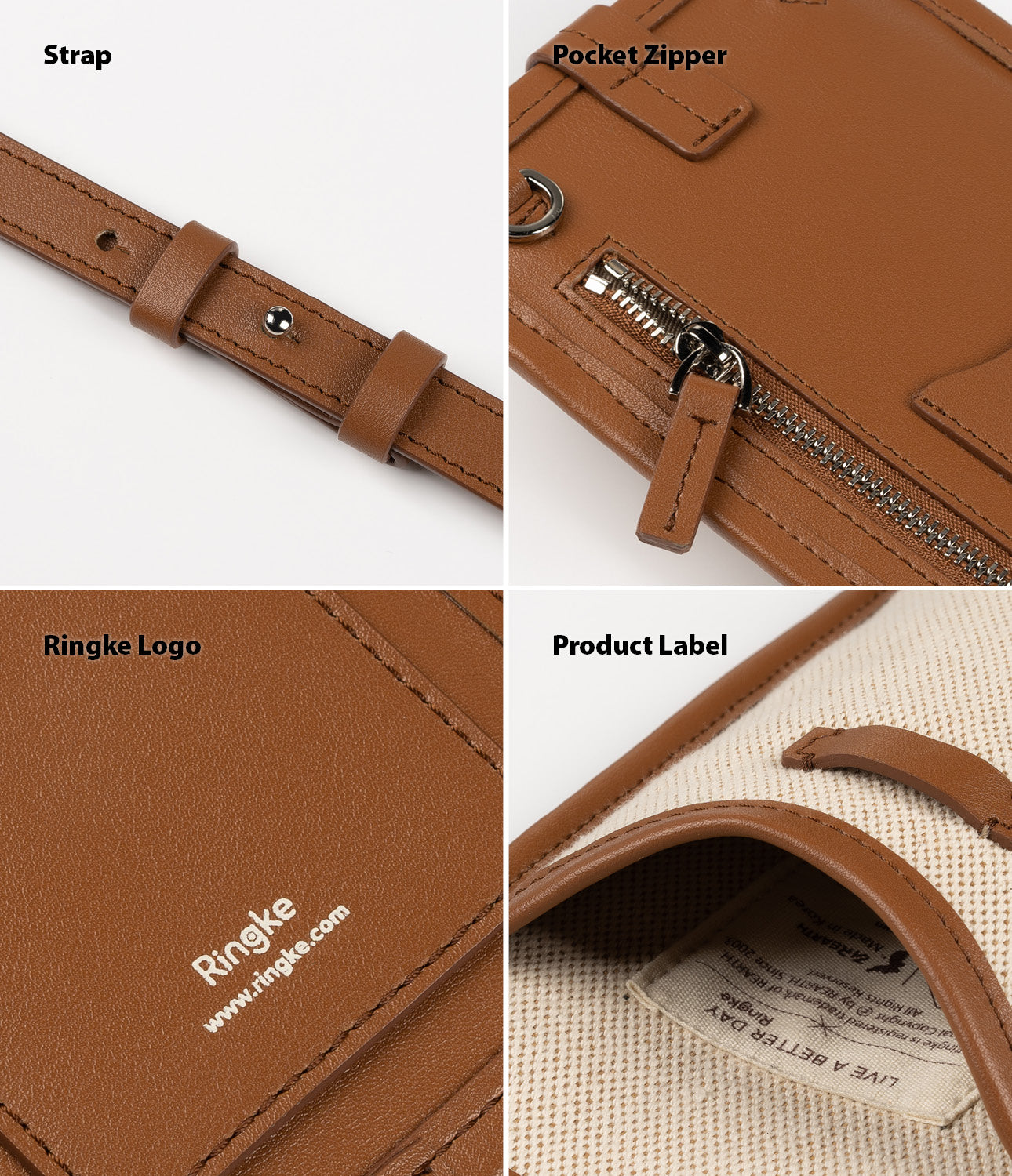 strap / pocket zipper / ringke logo / product label