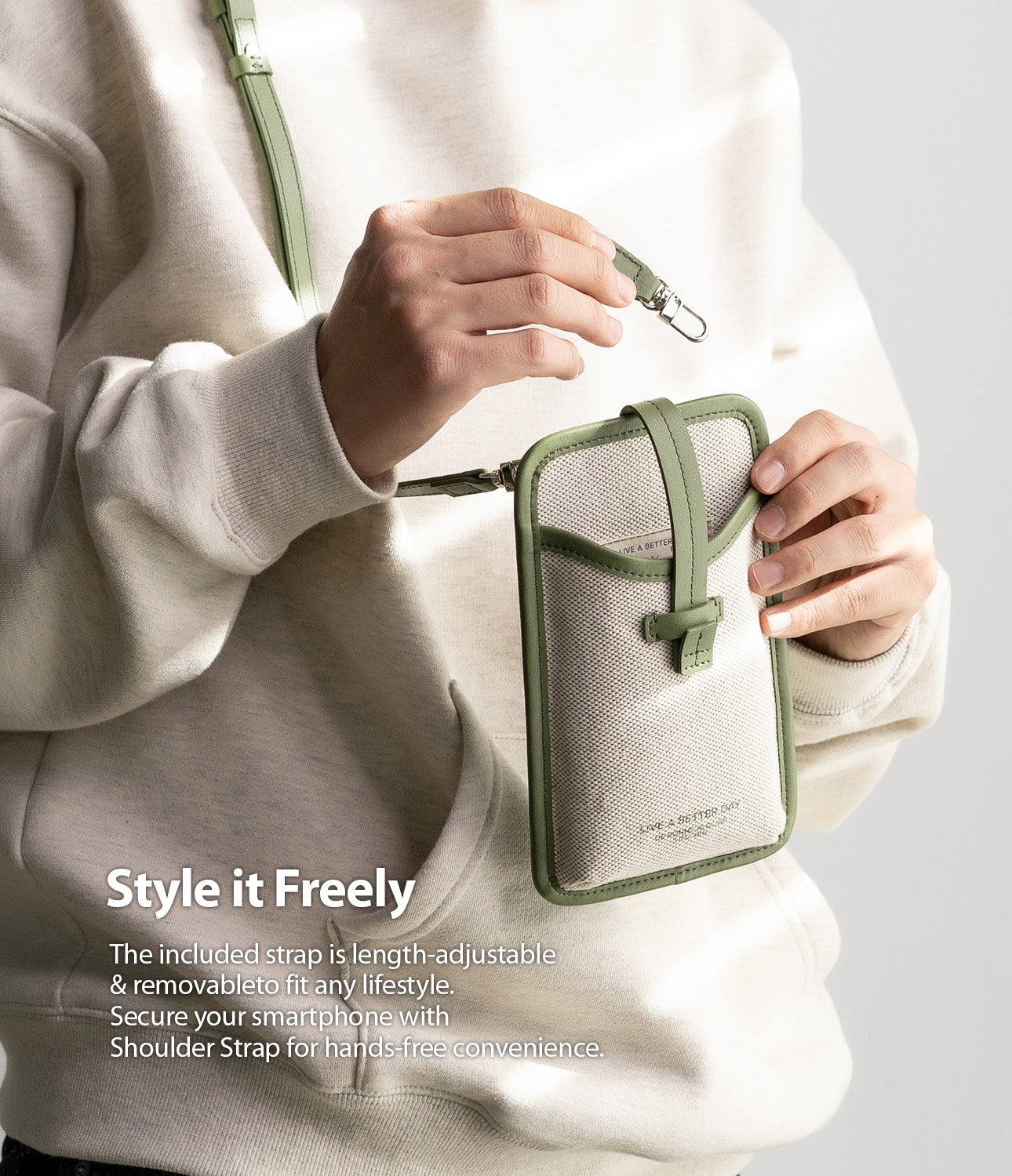 the included strap is length adjustable & removable to fit any lifestyle. secure your smartphone with shoulder strap for hands-free convenience