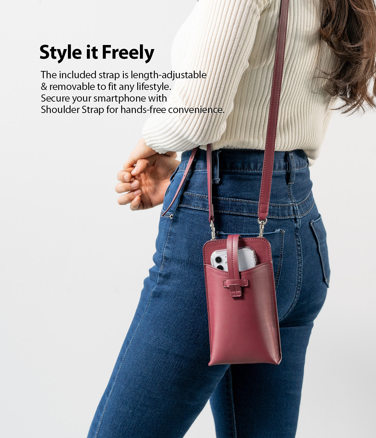 style it freely - the included strap is length-adjustable & removable to fit any style. secure your smartphone with shoulder strap for hands-free convenience