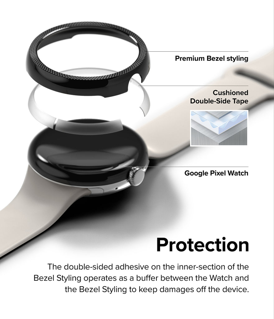 Protection - The double-sided adhesive on the inner-section of the Bezel Styling operates as a buffer between the Watch and the Bezel Styling to keep damages off the device.